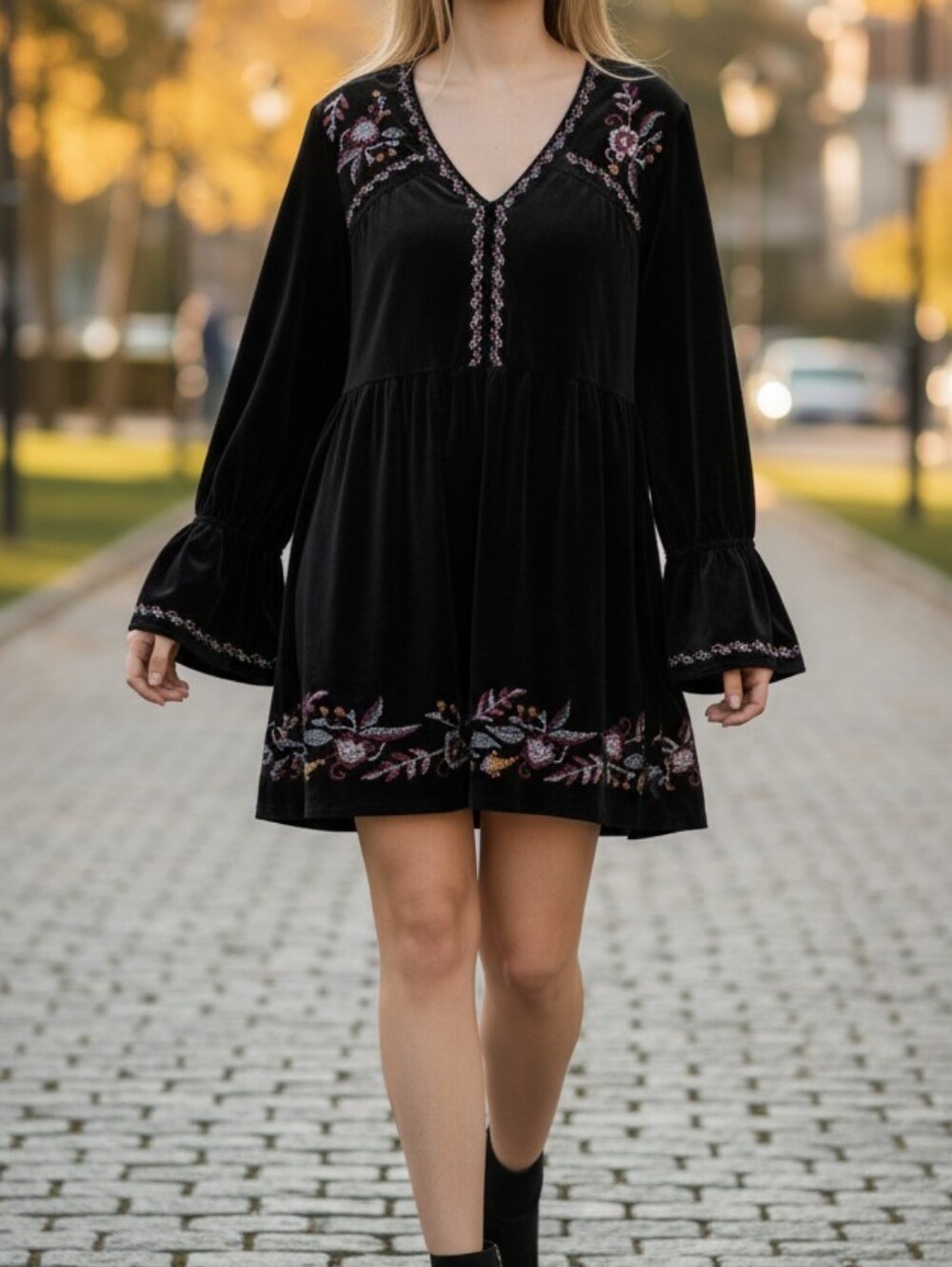 Boho Velour Black Embroider Dress XL Festival Whimsigoth Bell Sleeves